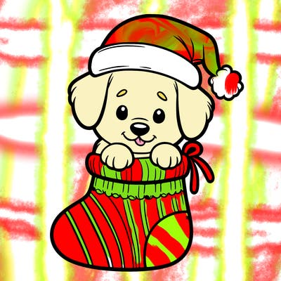 cute puppy wearing santa hat in socking