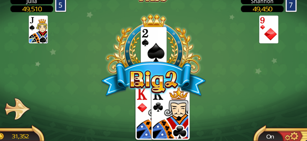 Gameplay screen of Fun Big 2 Card Battle Royale featuring a card match with players and coin stakes