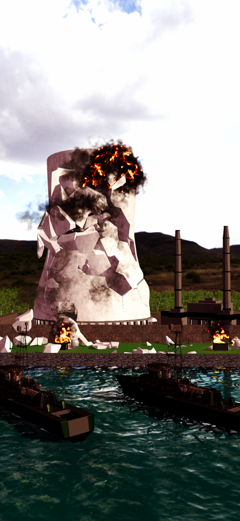 City Demolish: Rocket Smash! - A large industrial cooling tower exploding and collapsing during gameplay.