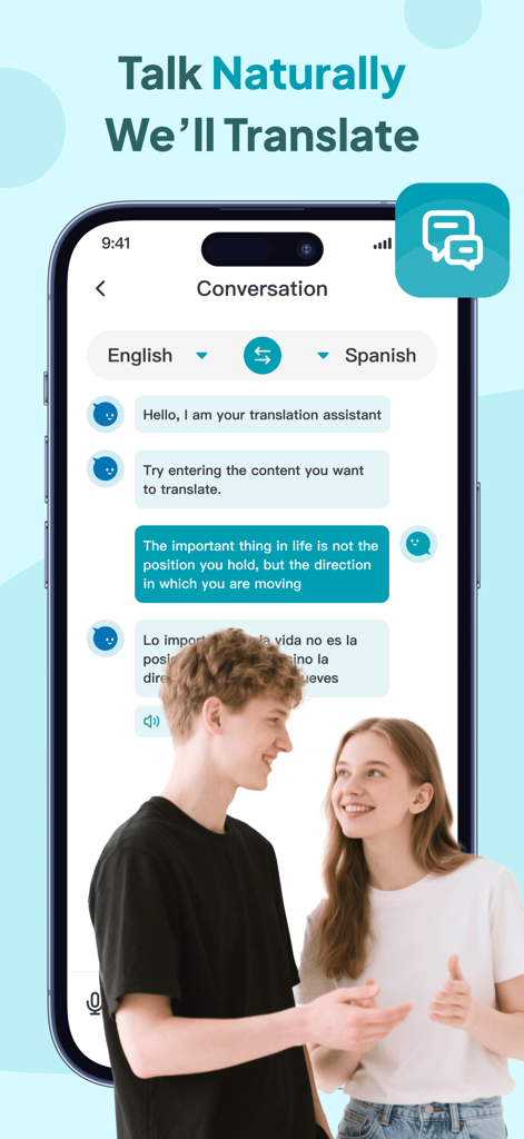 Owl Translator - Owl Translator app interface showing a real-time conversation translation from English to Spanish