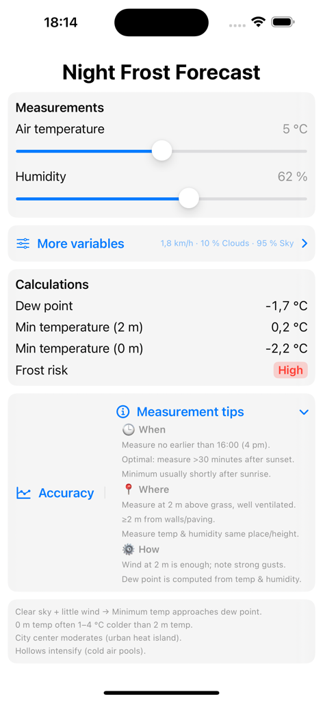 NightFrost app interface showing frost risk calculation with temperature and humidity sliders