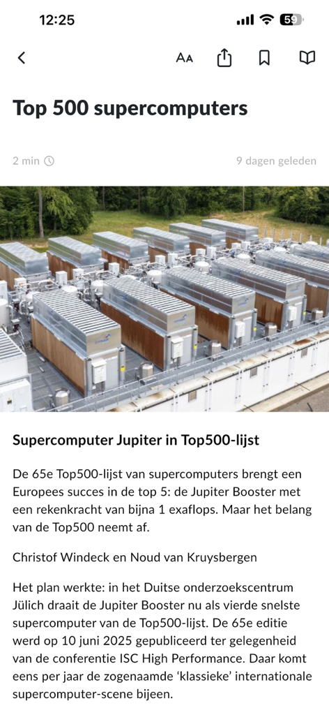 c't NL - Digital article about the top 500 supercomputers in the ct NL app