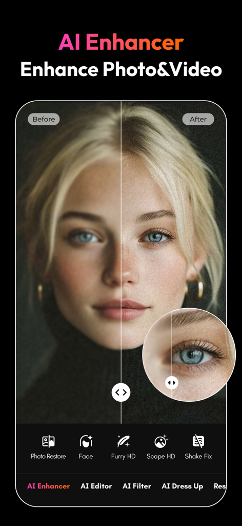 Vorher-Nachher-Vergleich eines Porträts, das mit dem PicMa KI-Foto-Enhancer verbessert wurde