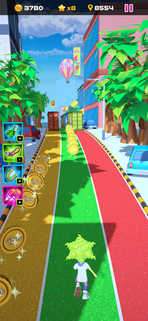 Zozole Run - Gameplay of Zozole Run showing a character with green hair running on a multi-colored track and collecting gold coins in a city environment.