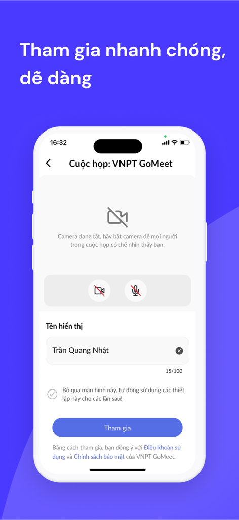 VNPT GoMeet V3 - Mobile interface of VNPT GoMeet V3 showing the join meeting screen with video and audio controls and a display name field.