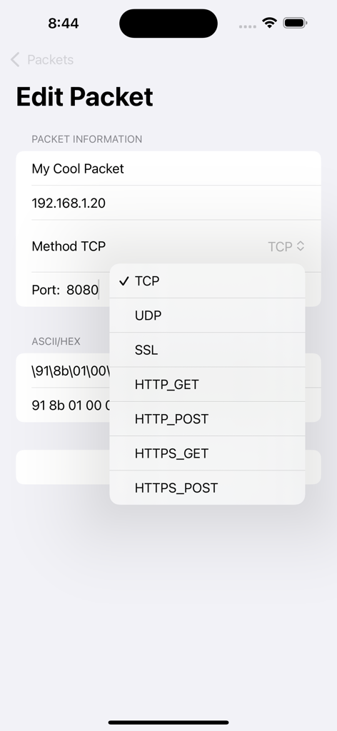 Packet Sender - UDP/ TCP/ SSL - Interface do aplicativo Packet Sender mostrando a tela de edição de pacote com um menu de seleção de protocolo para TCP, UDP, SSL e HTTP
