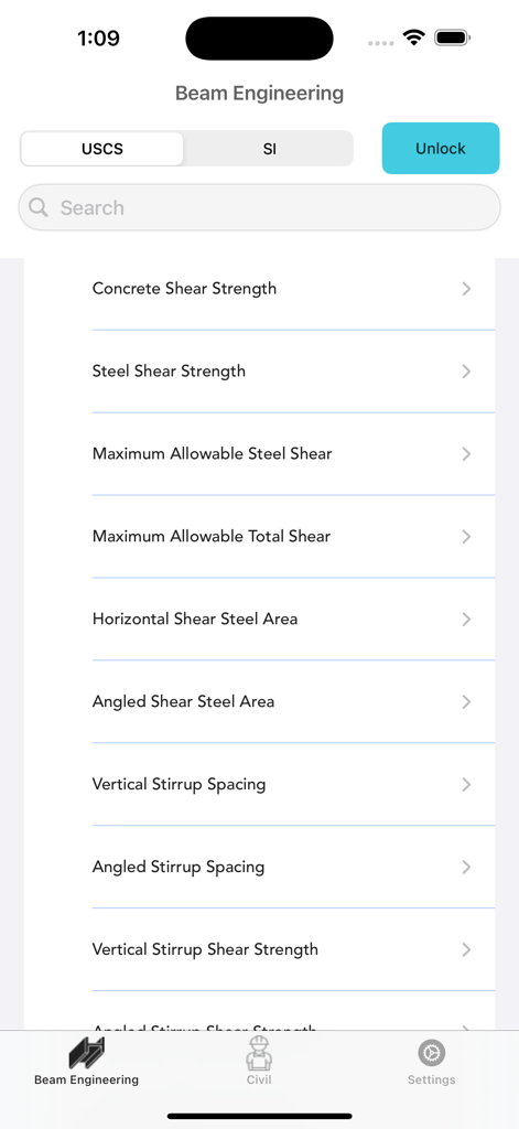 A list of structural engineering calculators for shear strength and stirrup spacing in the Beam Engineering app interface.