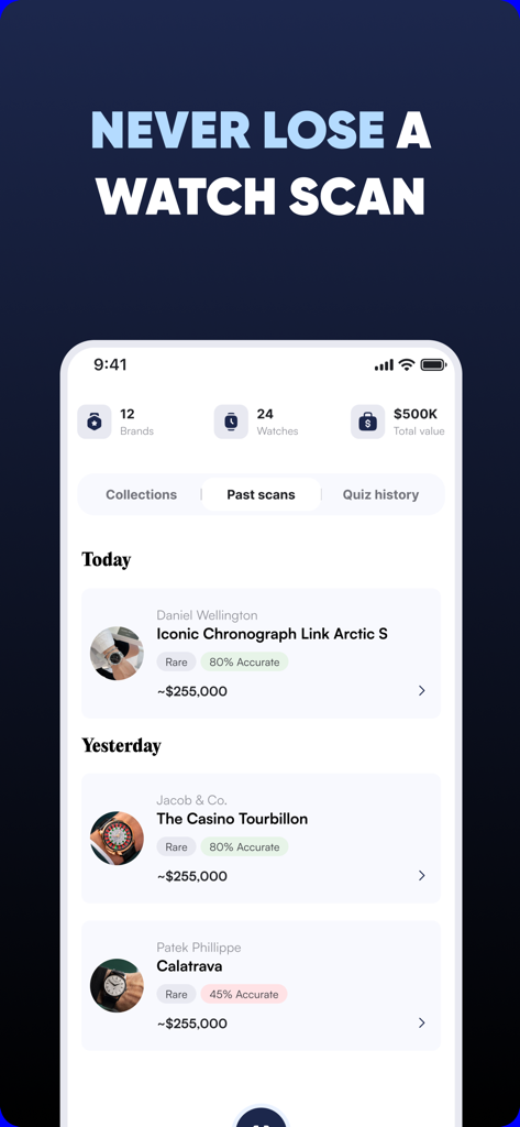 WatchIQ - AI Watch Identifier - Watch identification history showing brands like Patek Philippe and collection value estimates
