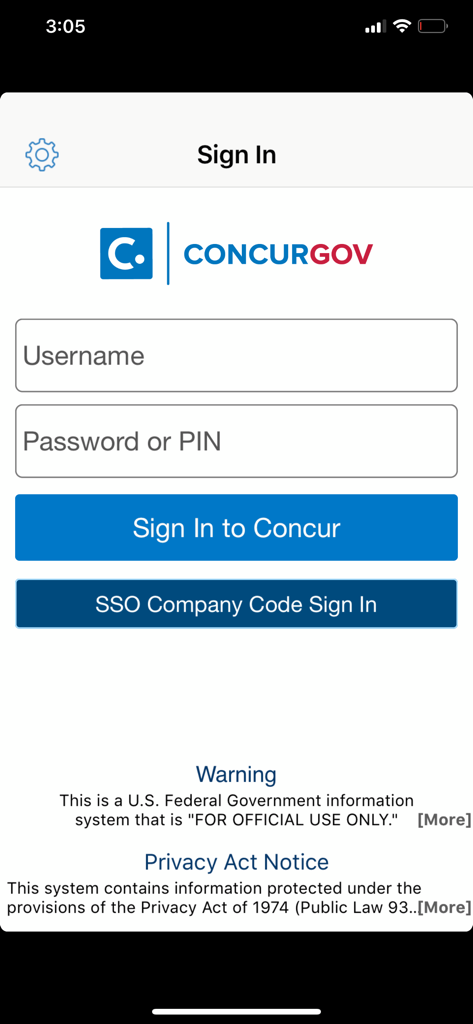 ConcurGov mobile app sign-in screen featuring username and password fields and official US Government warning notice.