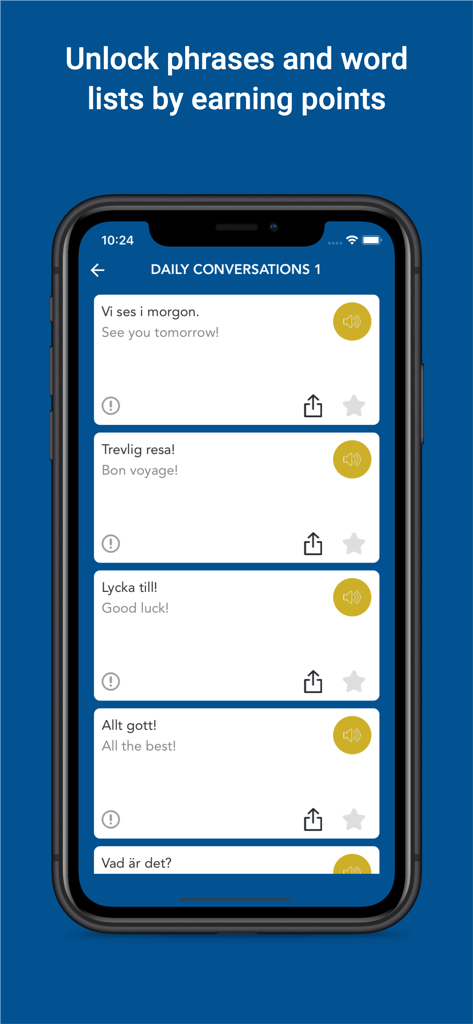 Tobo: Learn Swedish Vocabulary - Screenshot of the Tobo Swedish app daily conversations screen showing phrases with English translations