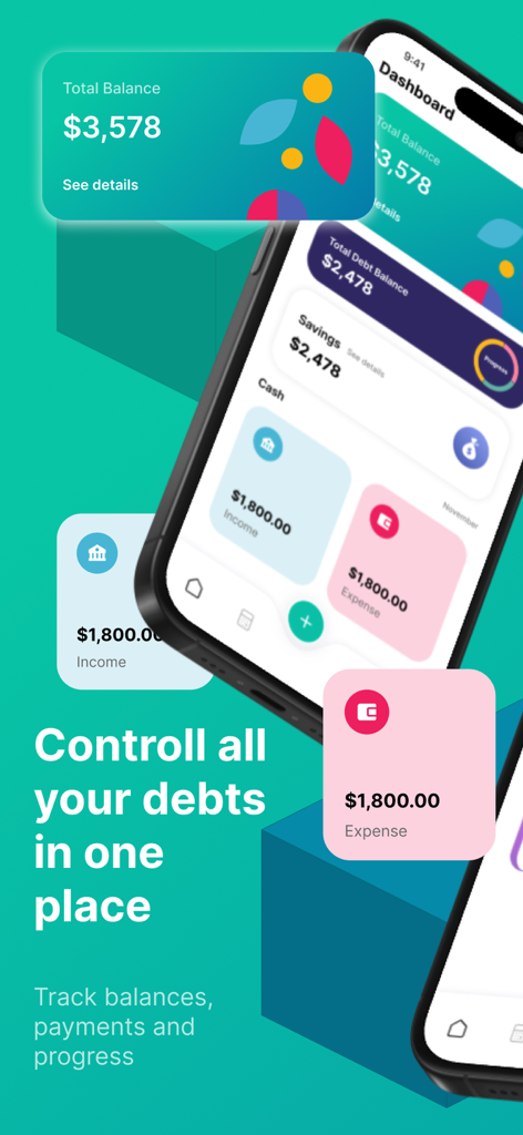 Cash Now + - Panel de la aplicación Cash Now Plus para rastrear deudas e ingresos