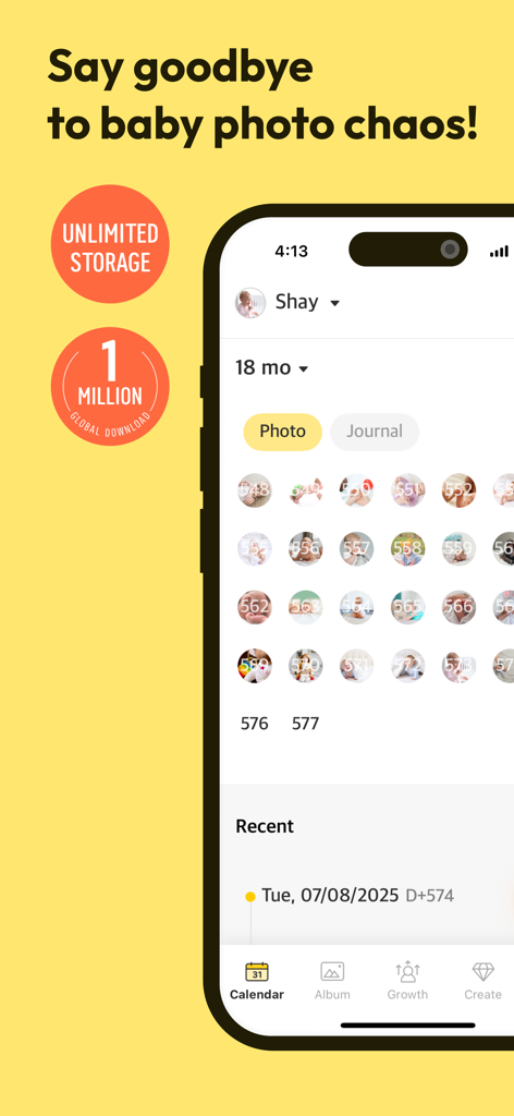 Family Album - Babyfolio - 정리된 아기 사진 그리드가 무제한 저장 공간과 함께 표시된 베이비폴리오 앱의 인터페이스