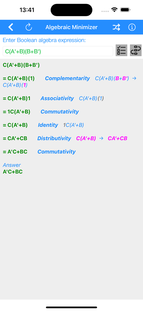 Simplificación paso a paso de expresiones de álgebra booleana mostrando leyes lógicas como complementariedad y distributividad