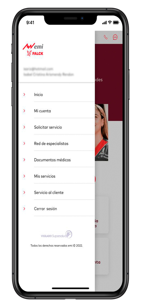 emi - Side navigation menu of the emi medical app showing account and service options in Spanish.