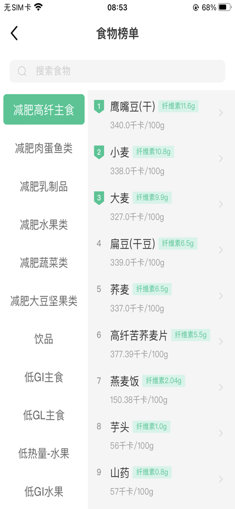 健康小小屋 - Food ranking interface in the Health Little House app showing a list of high-fiber weight loss staples