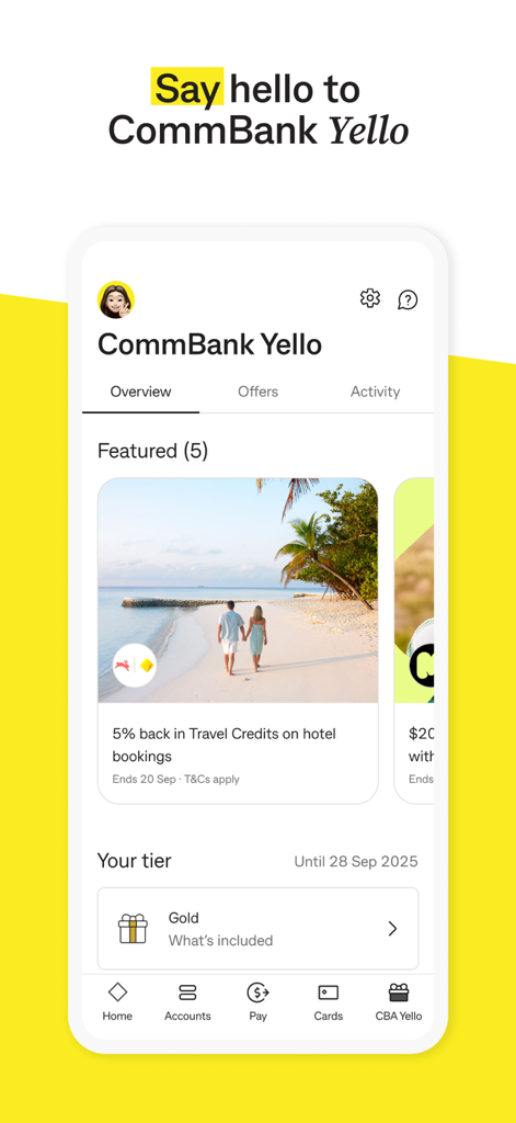 CommBank Yello rewards dashboard showing a travel cashback offer and gold tier status.