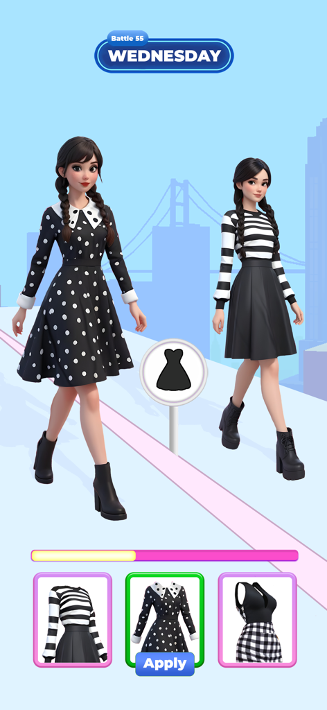 Fashion Battle: Catwalk Show - Dos modelos de moda compitiendo en una pasarela con atuendos inspirados en Wednesday Addams