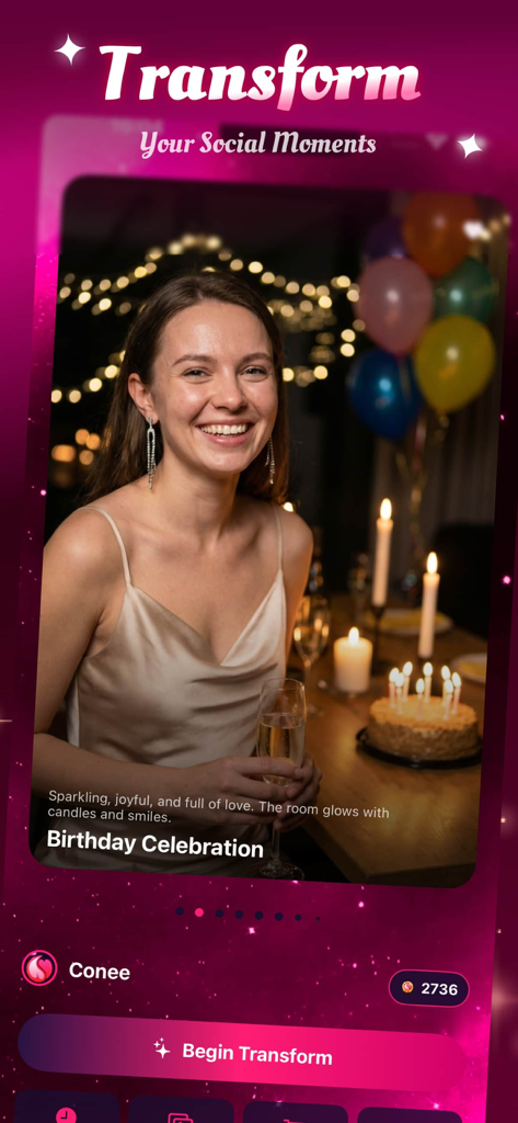 A woman in a birthday celebration scene generated by the Conee AI photo app