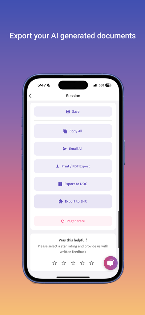 Interface showing export options for AI generated clinical documents including PDF DOC and EHR