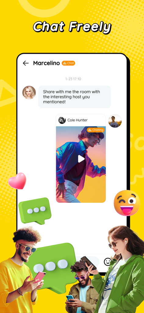 Saya - Games&Party&Chat - Saya app screenshot showing the private chat interface with the headline Chat Freely and young users interacting on their phones.