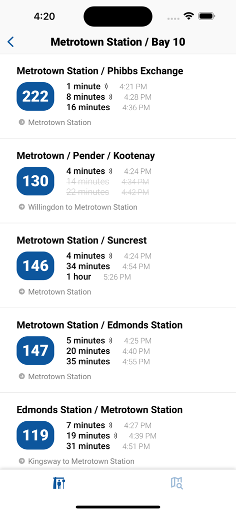 Vancouver Transit (TL) - Vancouver Transit app interface displaying live bus departure times from Metrotown Station.