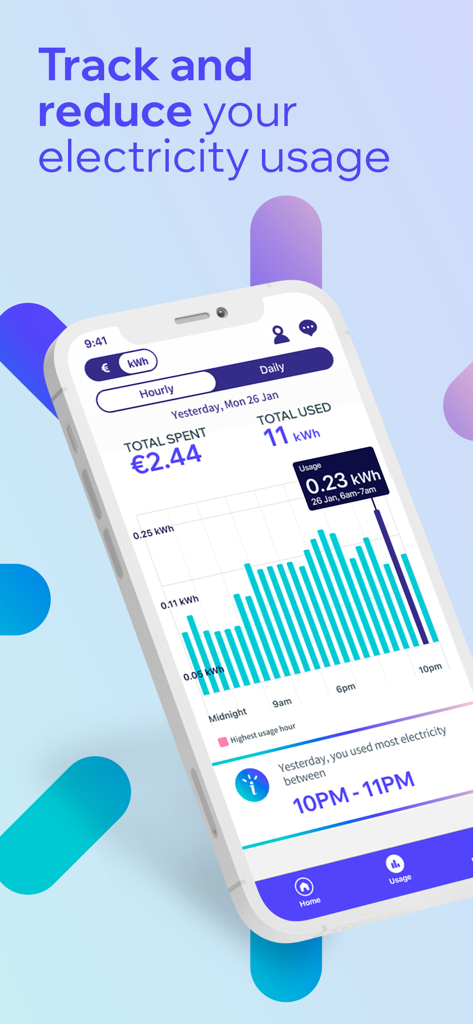 Yuno Energy - Yuno Energy mobile app interface showing an hourly electricity consumption bar chart with total spent and kWh used