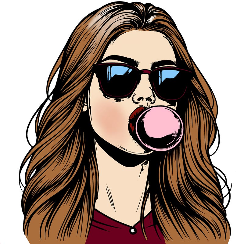 realistic teen girl with sunglasses long hair and blowing a big bubble of gum from her mouth
