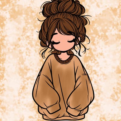 girl with baggy sweatshirt and messy bun
