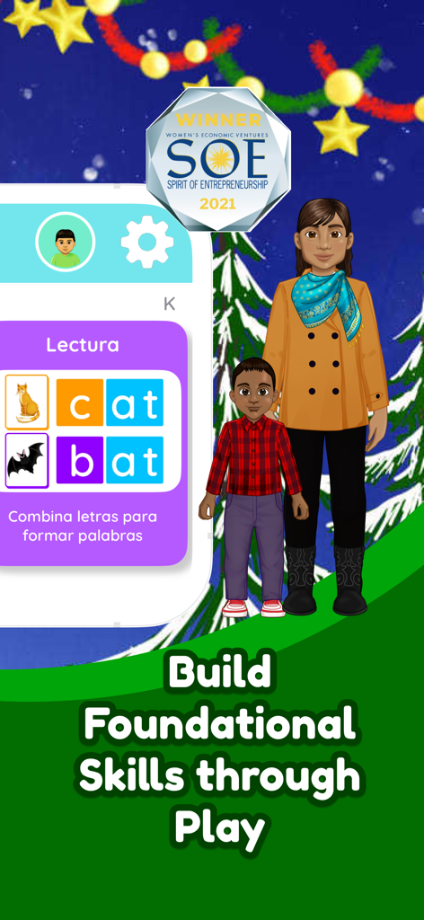 Shoonya Kids app interface showing word building games in Spanish for children with multicultural characters