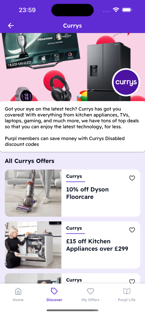 Purpl Discounts - Purpl Discounts app screen showing various Currys promotional offers for electronics and appliances