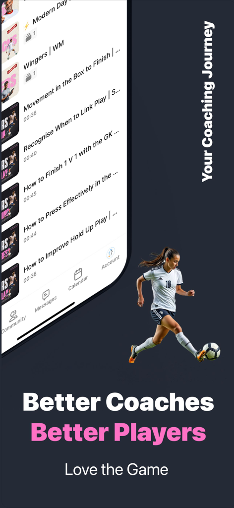 A mobile app interface showing various soccer coaching drills and sessions with a female player
