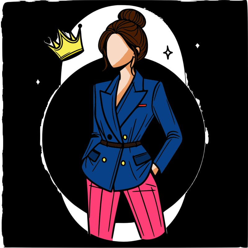 woman wearing a pantsuit the girl has a tight bun and and a crown is floating above her head