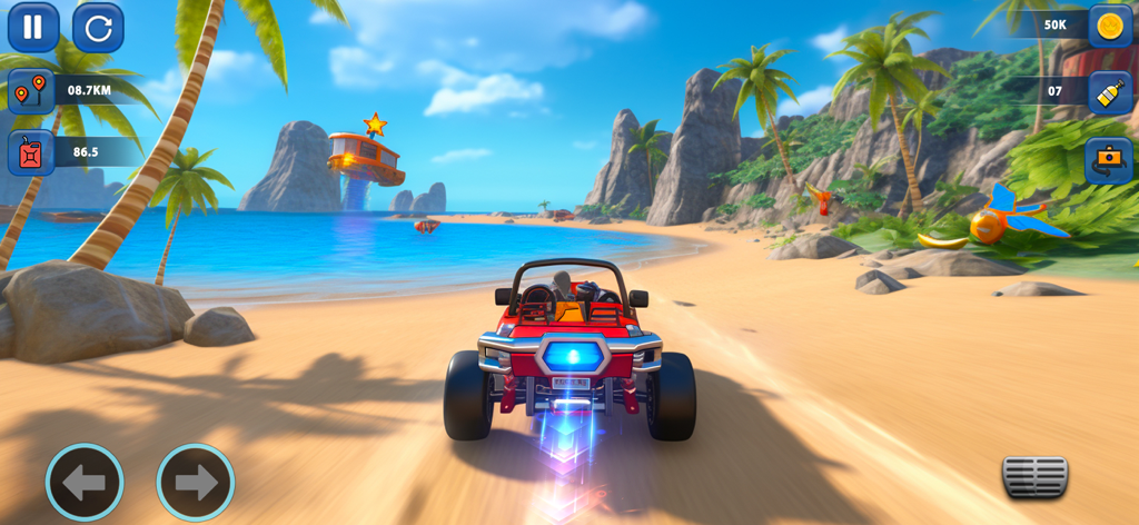 Beach Car: Buggy Racing Games - ビーチカー バギーレーシングゲームで、赤いバギーがヤシの木と青い海のある熱帯のビーチをレースしている