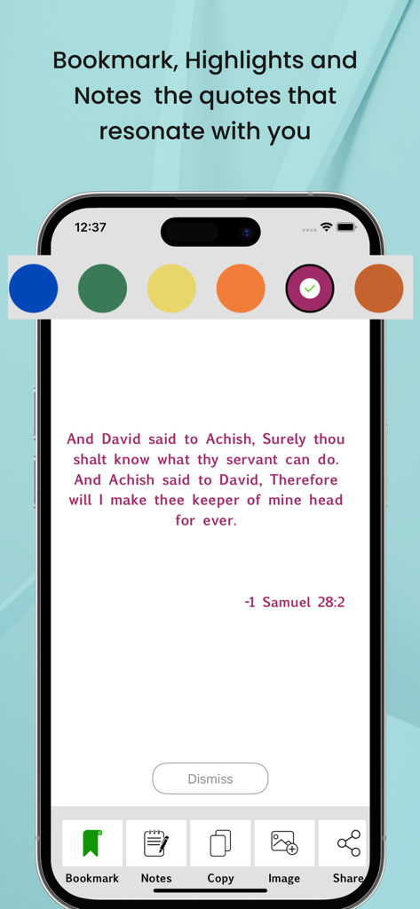 KJV Apocrypha - KJV伪经应用程序的界面，展示了用于经文的书签和高亮工具