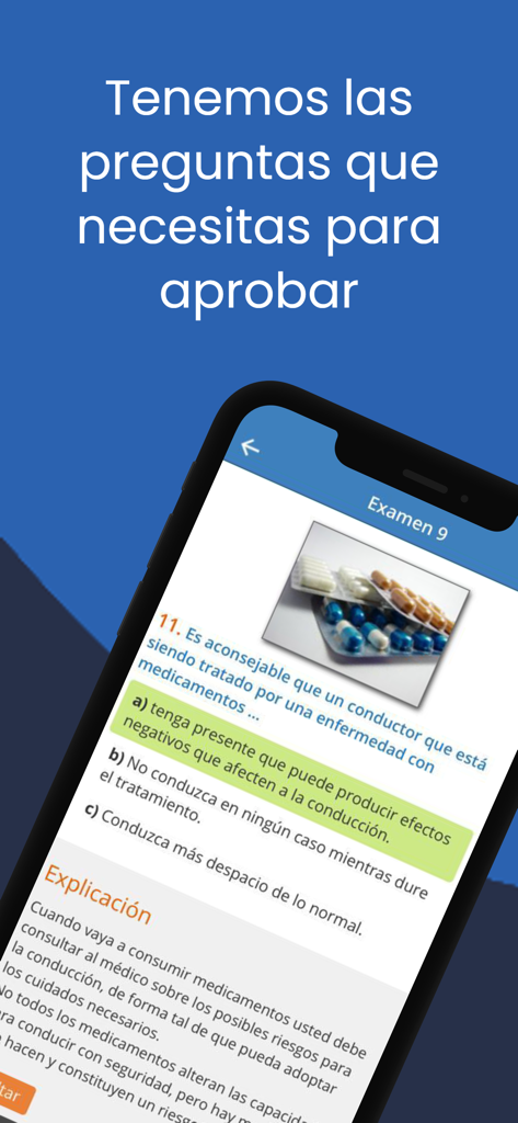 TodoTest mobile app showing a practice driving theory test question with detailed explanation in Spanish