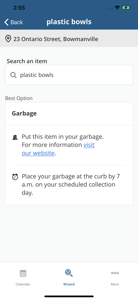 Durham Region Waste - Durham Region Waste app Waste Wizard showing disposal instructions for plastic bowls as garbage