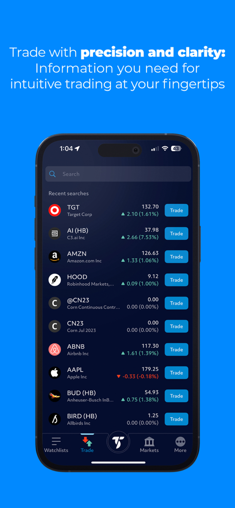 Interfaccia dell'app mobile TradeStation che visualizza un elenco di azioni con dati di mercato in tempo reale e pulsanti di trading.