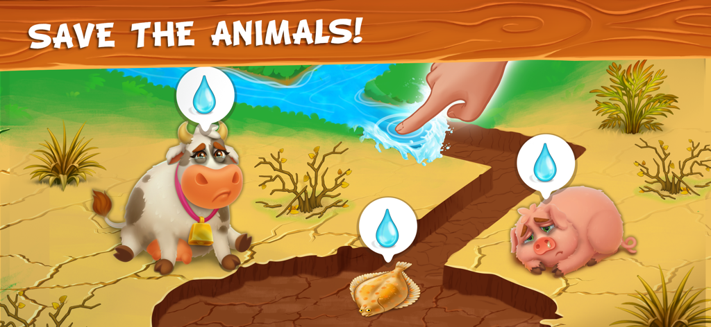 Eine Hand leitet Wasser zu einer durstigen Kuh, einem Schwein und einem Fisch in einem Wüsten-Minispiel in Farm Town.