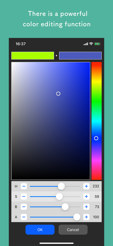 Pixel art editor - Dottable - - Un écran de retouche couleur professionnel dans l'application Dottable, avec des curseurs de teinte, de saturation, de luminosité et de transparence.
