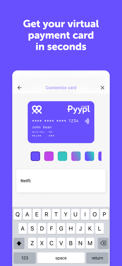 Interface for customizing a purple Pyypl virtual payment card with different color options