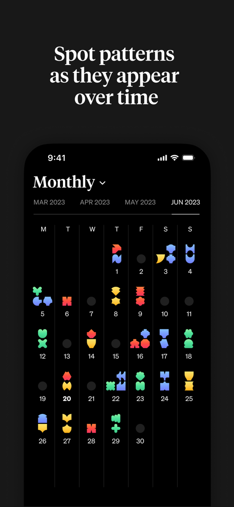 How We Feel - A monthly calendar view in the How We Feel app showing colorful abstract icons used to track emotional patterns over time