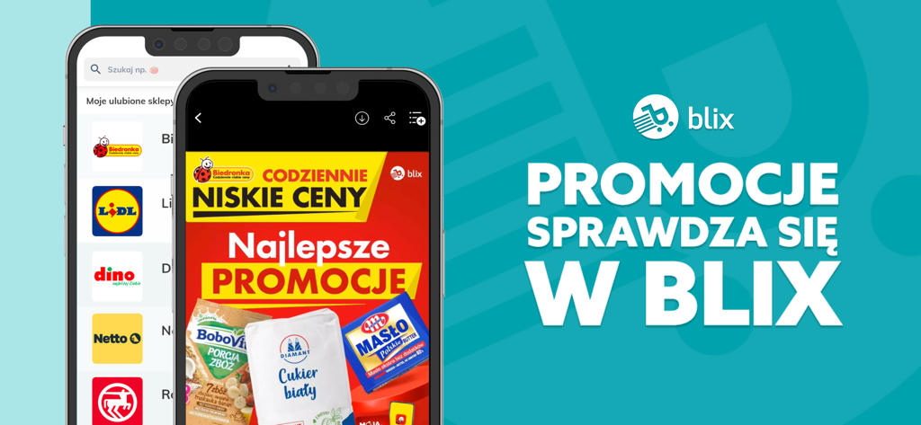 Blix - Gazetki Promocyjne - Blix mobile app interface showing grocery store digital circulars and promotional deals on smartphones