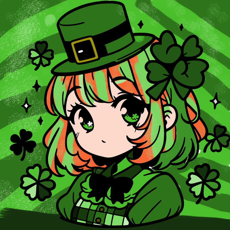 a manga-style girl with clovers around her, a little hat in her hair, like it's saint patrick's day