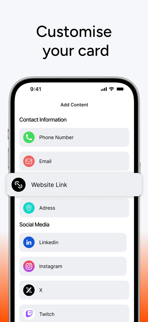 HeyCard Business Card Creator - Interfaccia dell'app HeyCard che mostra le opzioni per aggiungere informazioni di contatto e collegamenti ai social media a un biglietto da visita digitale