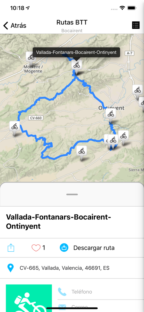 Ajuntaments de València - Una mappa di un percorso in mountain bike nell'app mobile Ajuntaments de Valencia.