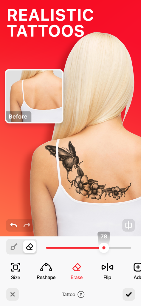 Screenshot of the Body Tune app showing the realistic tattoo editor with a floral butterfly design on a woman's back
