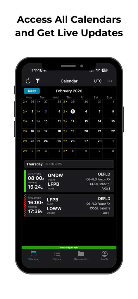 FL3XX Dispatch - FL3XX Dispatch mobile app showing the flight operations calendar and live schedule updates