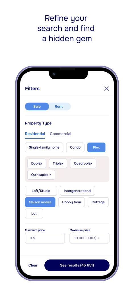 Centris.ca - Real Estate - Interfaz de filtro de búsqueda en la aplicación Centris.ca mostrando opciones para tipos de propiedades como condominios y casas unifamiliares con configuraciones de rango de precios.