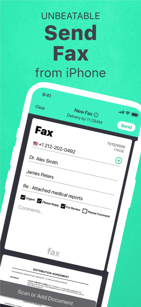 Mobile app interface showing a new fax form with a scanned document preview