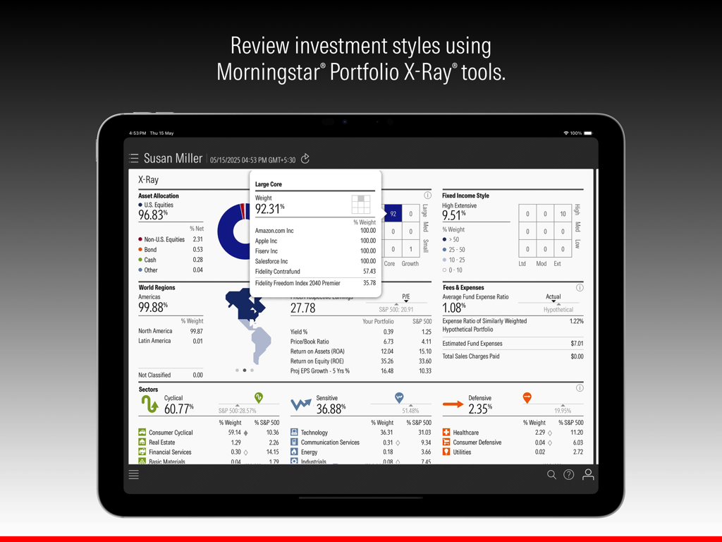 Morningstar for iPad displaying a comprehensive Portfolio X-Ray dashboard with asset allocation, sector weights, and investment style analysis.